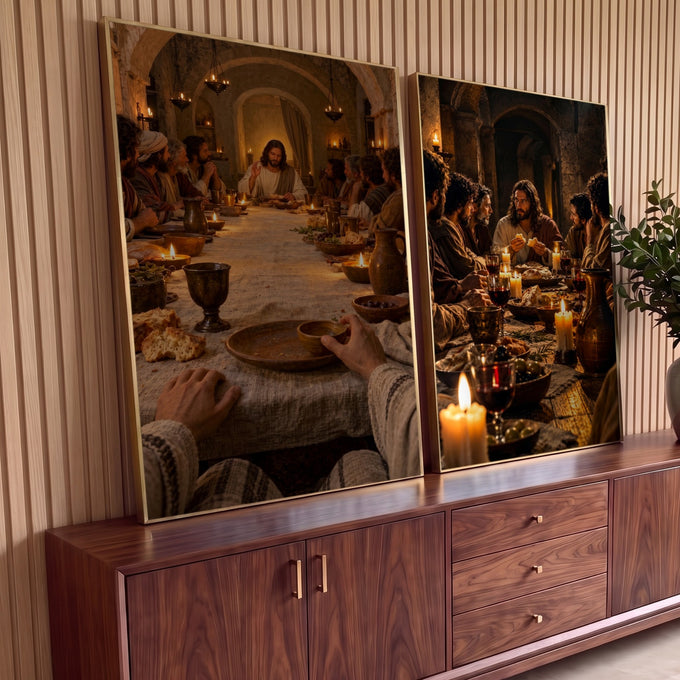 Quadro Decorativo Grande Última Ceia para Sala Marrom | quadros decorativos para sala | Jesus e discípulos reunidos à mesa iluminada por velas em cena bíblica | Porao dos Quadros