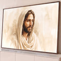 Quadro Decorativo Grande Jesus Cristo Manto Bege para Sala | quadros decorativos para sala | retrato em aquarela de Jesus Cristo com manto bege e olhar sereno | Porao dos Quadros