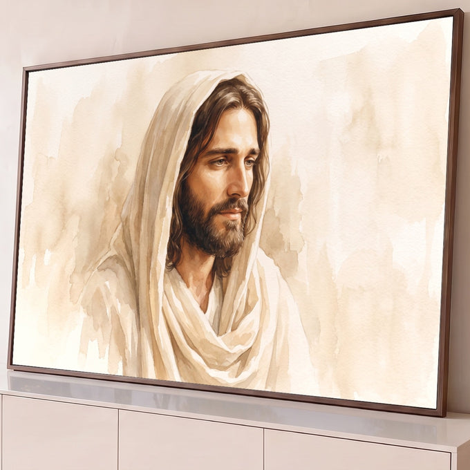 Quadro Decorativo Grande Jesus Cristo Manto Bege para Sala | quadros decorativos para sala | retrato em aquarela de Jesus Cristo com manto bege e olhar sereno | Porao dos Quadros
