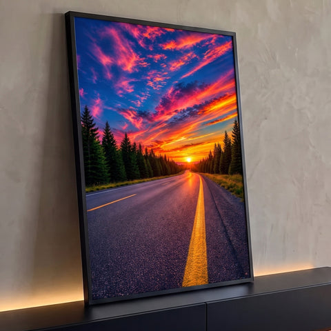Estrada com faixa amarela entre pinheiros sob céu laranja, rosa e azul ao pôr do sol, quadro decorativo