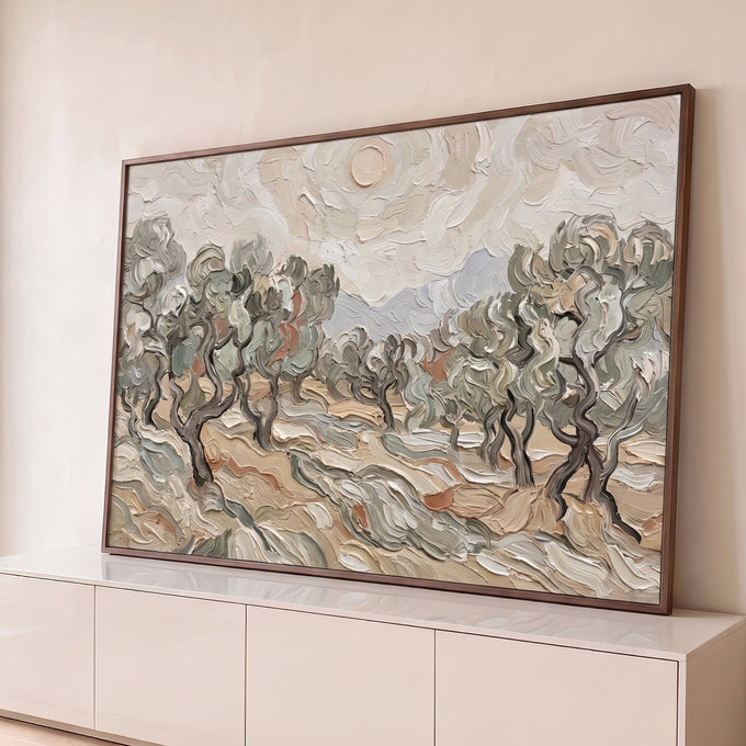 Quadro Decorativo Grande Olival de Van Gogh para Sala Bege | quadros decorativos para sala | olival com árvores retorcidas em tons bege e branco sob céu nublado | Porao dos Quadros