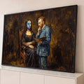 Mona Lisa sentada com rosto pintado de Noite Estrelada e Van Gogh segurando paleta, quadro decorativo