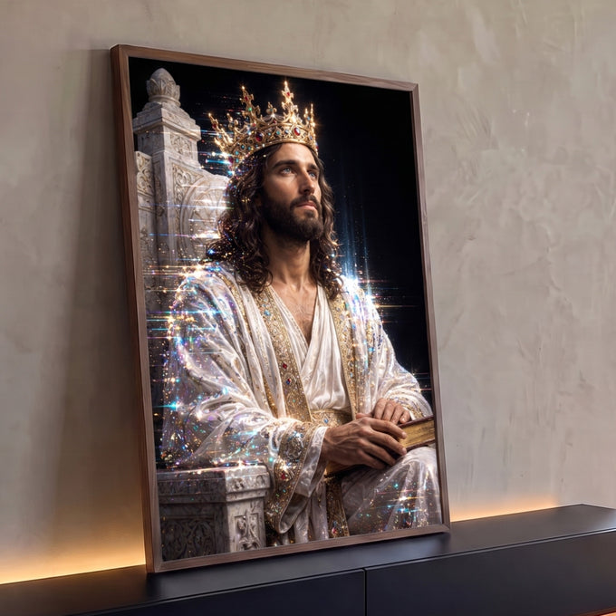 Quadro Decorativo Grande Jesus Rei para Sala Branco | quadros decorativos para sala | homem coroado com manto branco e dourado segurando livro sagrado em trono iluminado | Porao dos Quadros