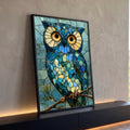Quadro Decorativo Grande Coruja Mosaico de Vitral para Sala | quadros decorativos para sala | coruja em mosaico de vitral azul e dourado pousada em galho | Porao dos Quadros