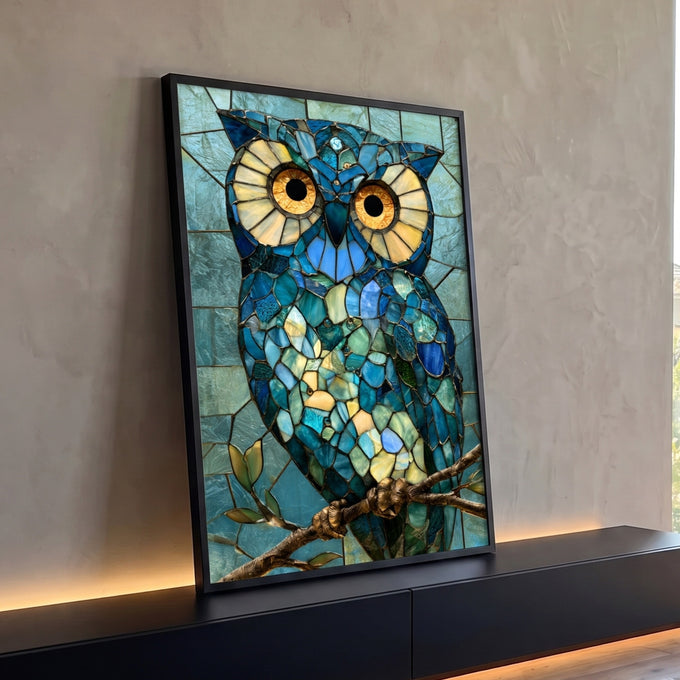 Quadro Decorativo Grande Coruja Mosaico de Vitral para Sala | quadros decorativos para sala | coruja em mosaico de vitral azul e dourado pousada em galho | Porao dos Quadros