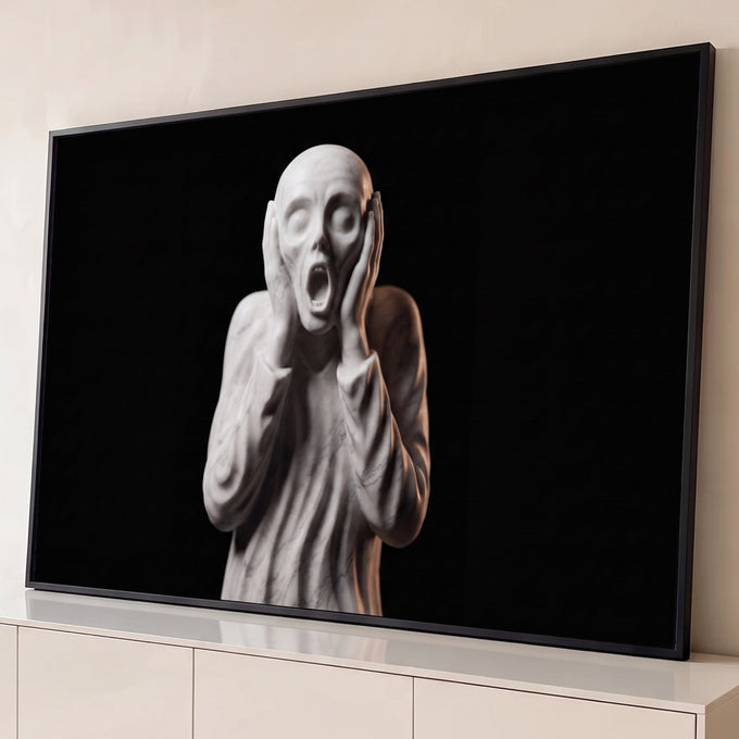 Quadro Decorativo Grande Escultura de Mármore para Sala | quadros decorativos para sala | escultura de mármore branco com mãos no rosto gritando sobre fundo preto | Porao dos Quadros