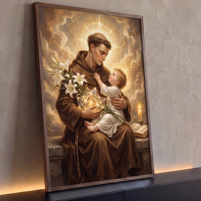 Quadro Decorativo Grande Santo Antônio com Menino para Sala | quadros decorativos para sala | frade com menino loiro no colo, auréolas douradas, lírios brancos e luz radiante | Porao dos Quadros