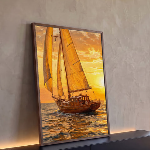 Quadro Decorativo Grande Veleiro de Madeira para Sala | quadros decorativos para sala | veleiro de madeira navegando sob céu alaranjado de pôr do sol | Porao dos Quadros