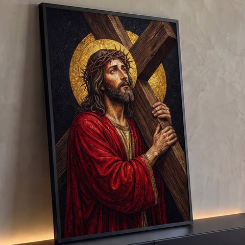 Quadro Decorativo Grande Jesus Cristo Vermelho para Sala | quadros decorativos para sala | Jesus com coroa de espinhos carregando cruz de madeira em estilo mosaico dourado | Porao dos Quadros