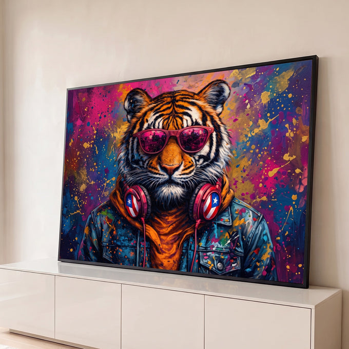 Quadro Decorativo Grande Tigre Hipster para Sala Rosa | quadros decorativos para sala | tigre com óculos rosa, fone de ouvido vermelho e jaqueta jeans sobre fundo colorido | Porao dos Quadros