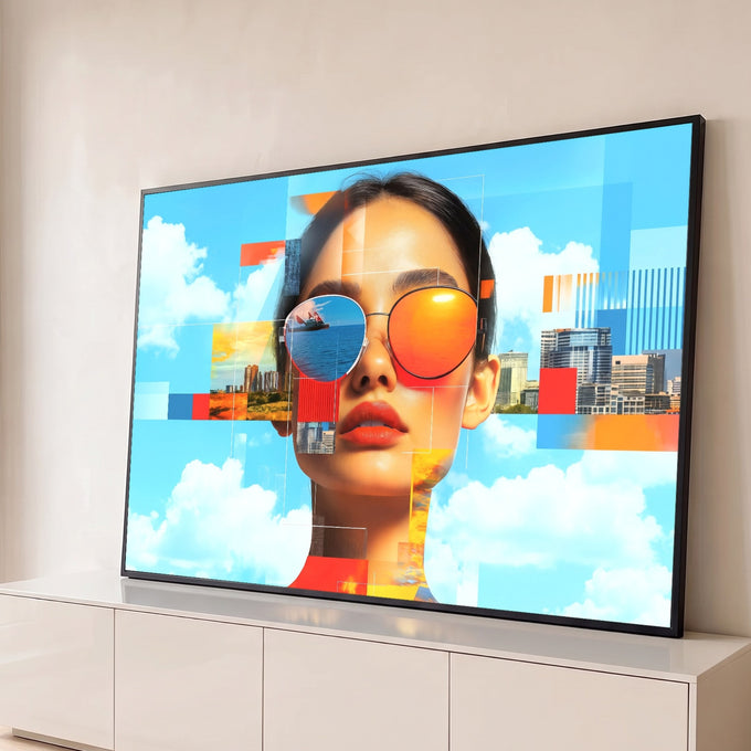 Retrato de mulher com óculos espelhados refletindo o mar em colagem urbana com céu azul, quadro decorativo