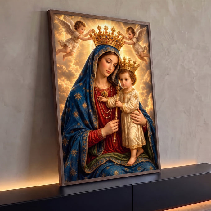 Quadro Decorativo Nossa Senhora Coroada com Menino Jesus | quadros decorativos para sala | Nossa Senhora com manto azul estrelado segurando o Menino Jesus coroado por anjos dourados | Porao dos Quadros