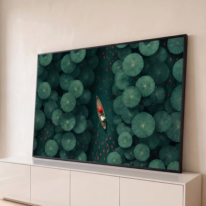 Vista aérea de barco com remador entre folhas de lótus verdes e peixes vermelhos, quadro decorativo