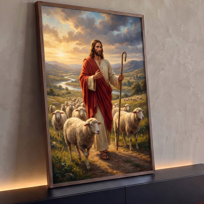 Quadro Decorativo Grande Jesus Bom Pastor para Sala Vermelho | quadros decorativos para sala | Jesus em manto vermelho segurando cajado cercado de ovelhas em paisagem dourada | Porao dos Quadros
