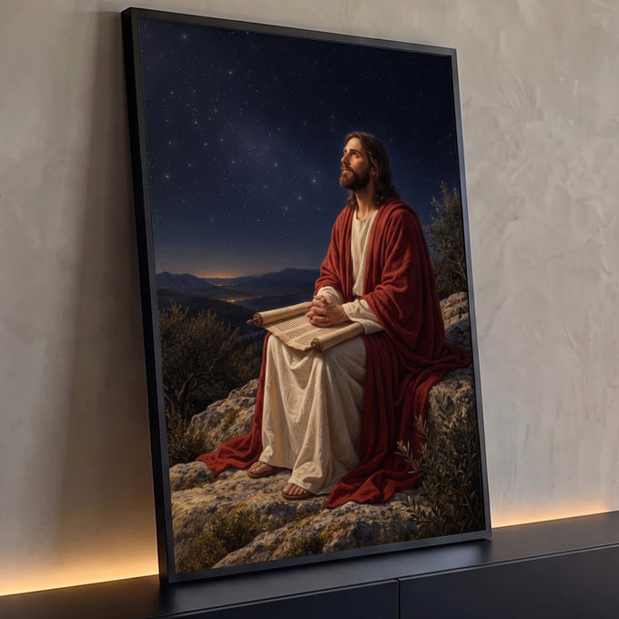 Quadro Decorativo Grande Jesus Contemplando para Sala | quadros decorativos para sala | Jesus sentado numa rocha com manto vermelho olhando para o céu estrelado | Porao dos Quadros