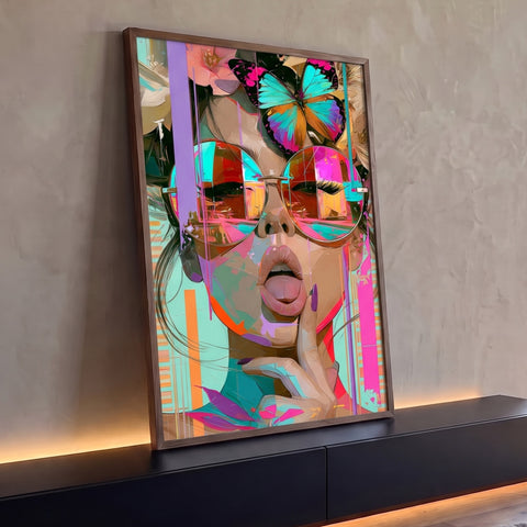 Mulher de óculos redondos espelhados, borboleta na cabeça e listras glitch rosa e turquesa, quadro decorativo