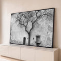 Árvore seca de galhos retorcidos diante de parede antiga descascada em preto e branco, quadro decorativo