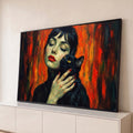 Quadro Decorativo Grande Mulher com Gato para Sala Laranja | quadros decorativos para sala | mulher de olhos fechados segurando gato preto de olhos amarelos, fundo laranja expressivo | Porao dos Quadros