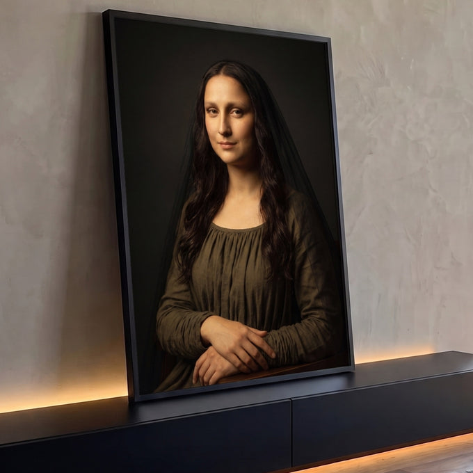 Quadro Decorativo Grande Mona Lisa Feminino para Sala Marrom | quadros decorativos para sala | mulher com véu preto e vestido marrom em pose clássica inspirada na Mona Lisa | Porao dos Quadros