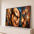 Quadro Decorativo Grande Três Rostos para Sala Marrom | quadros decorativos para sala | três rostos femininos sobrepostos em estilo cubista com véu azul e tons terrosos | Porao dos Quadros