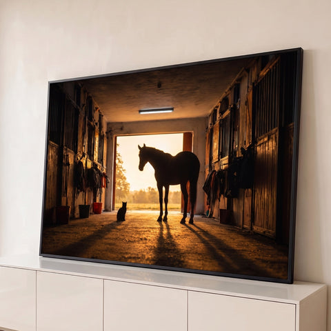 Quadro Decorativo Grande Cavalo e Gato para Sala Marrom | quadros decorativos para sala | cavalo e gato em silhueta contra luz dourada dentro de um estábulo rústico | Porao dos Quadros