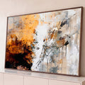 Pintura abstrata com laranja, branco e cinza, respingos e escorridos de tinta preta, quadro decorativo