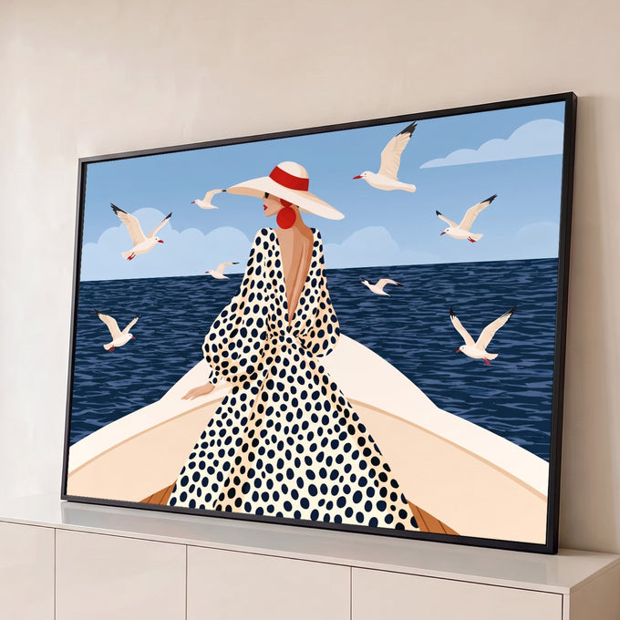 Quadro Decorativo Grande Mulher de Chapéu Azul para Sala | quadros decorativos para sala | mulher de chapéu e vestido de poá na proa de um barco cercada por gaivotas | Porao dos Quadros