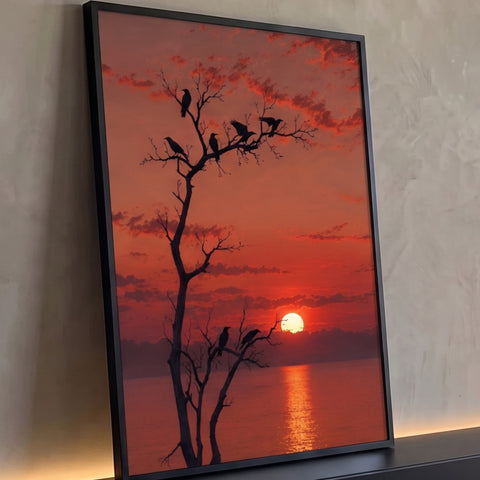 Corvos em silhueta numa árvore seca diante do pôr do sol vermelho refletido no mar, quadro decorativo