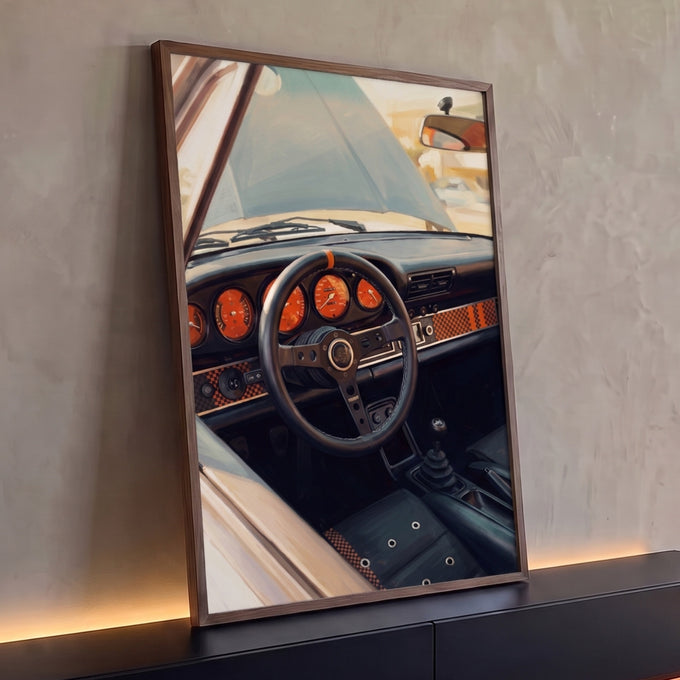 Pintura do interior de Porsche clássico com volante preto e relógios laranja, quadro decorativo