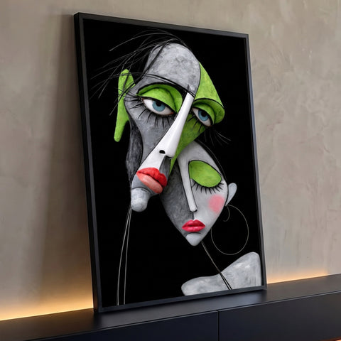 Dois rostos femininos cubistas, sombra verde e lábios vermelhos em fundo preto, quadro decorativo