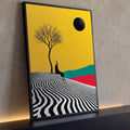Quadro Decorativo Grande Figura para Sala Amarelo | quadros decorativos para sala | figura preta com cabeça de cabra sentada sob árvore seca em fundo amarelo com sol negro | Porao dos Quadros