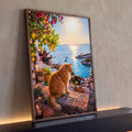 Gato ruivo em muro de pedra diante do mar azul, limoeiro e buganvílias ao pôr do sol, quadro decorativo