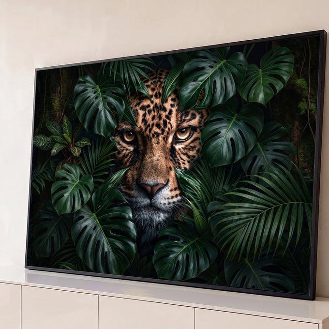 Rosto de onça-pintada com olhos âmbar espreitando entre folhas de monstera e palmeiras, quadro decorativo