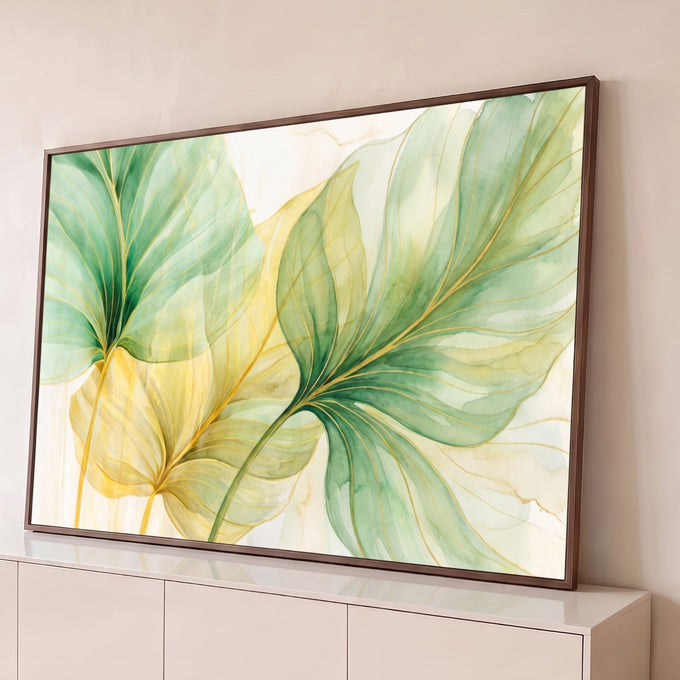 Quadro Decorativo Grande Folhas Tropicais Douradas para Sala | quadros decorativos para sala | folhas tropicais em aquarela verde e dourada com nervuras finas sobre fundo claro | Porao dos Quadros