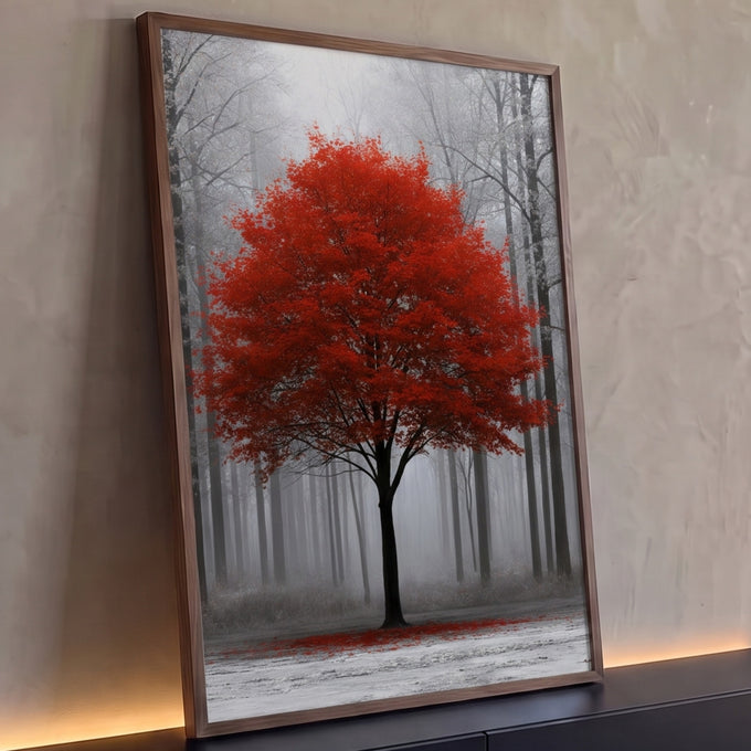 Quadro Decorativo Árvore Vermelha na Neblina da Floresta | quadros decorativos para sala | árvore isolada com folhagem vermelha vibrante em meio a floresta nevoada e enevoada | Porao dos Quadros