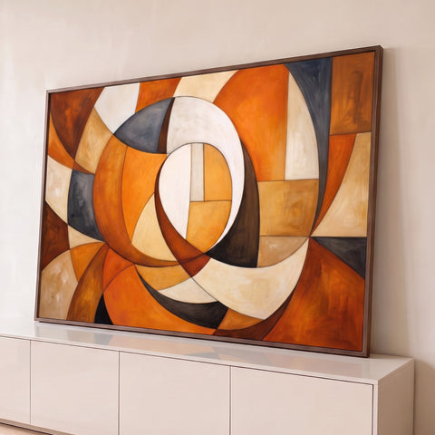 Pintura abstrata com curvas e formas geométricas em laranja, bege, marrom e cinza, quadro decorativo