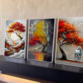 Quadro Decorativo Kit 3 Telas Árvore Vermelha para Sala | quadros decorativos para sala | tríptico com árvore vermelha e dourada e cavalos brancos em texturas de pincelada | Porao dos Quadros
