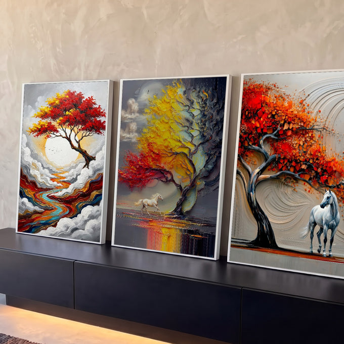 Quadro Decorativo Kit 3 Telas Árvore Vermelha para Sala | quadros decorativos para sala | tríptico com árvore vermelha e dourada e cavalos brancos em texturas de pincelada | Porao dos Quadros