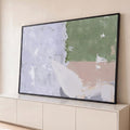 Pintura abstrata empastada com blocos branco, verde sálvia e rosé feitos a espátula, quadro decorativo