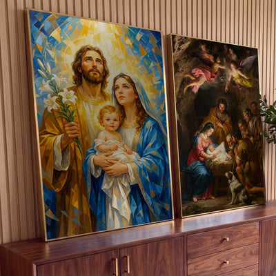 Quadro Decorativo Kit 2 Telas Sagrada Família para Sala Azul