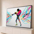 Trompetista em silhueta tocando, com rabiscos neon rosa, ciano e amarelo no fundo branco, quadro decorativo