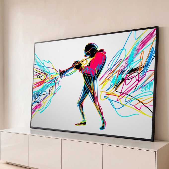 Trompetista em silhueta tocando, com rabiscos neon rosa, ciano e amarelo no fundo branco, quadro decorativo