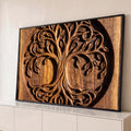 Quadro Decorativo Grande Árvore da Vida para Sala Marrom | quadros decorativos para sala | árvore da vida entalhada em relevo de madeira dentro de um círculo | Porao dos Quadros