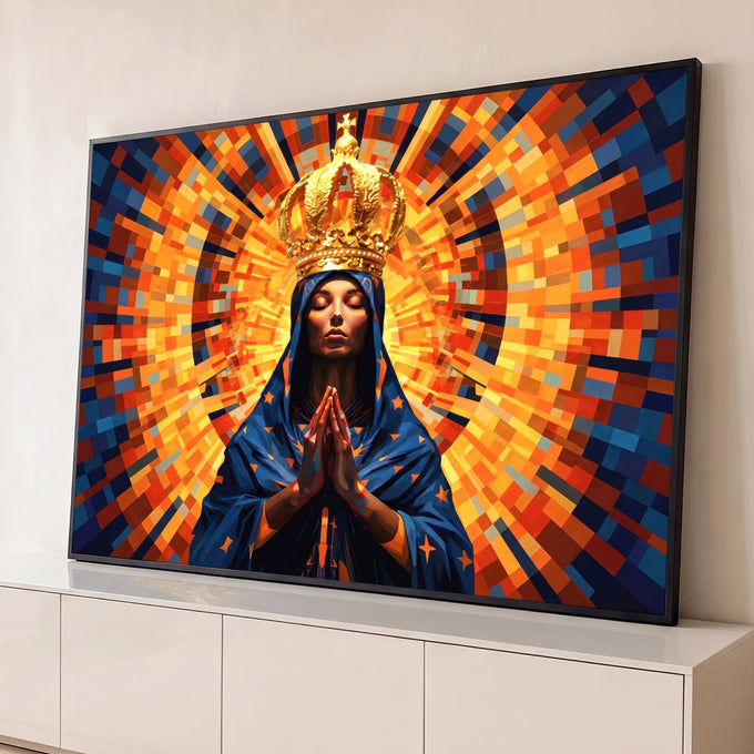 Nossa Senhora Aparecida coroada em oração, manto azul estrelado e mosaico laranja radiante, quadro decorativo