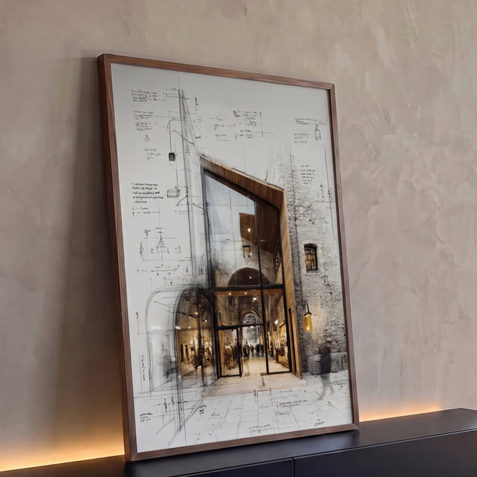 Fachada de loja em vidro e madeira sobre esboço arquitetônico com anotações, fundo branco, quadro decorativo