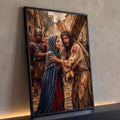 Quadro Decorativo Grande Jesus Carregando Marrom para Sala | quadros decorativos para sala | Jesus com coroa de espinhos carrega cruz de madeira enquanto mulher toca seu peito | Porao dos Quadros
