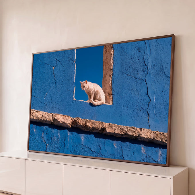 Quadro Decorativo Grande Gato Branco Azul para Sala | quadros decorativos para sala | gato branco sentado numa janela de pedra em parede azul com céu ao fundo | Porao dos Quadros