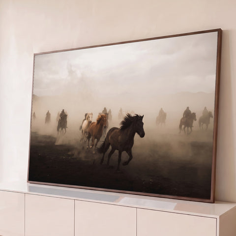 Cavalos galopando em meio à poeira com cavaleiros ao fundo em tons de bege e sépia, quadro decorativo