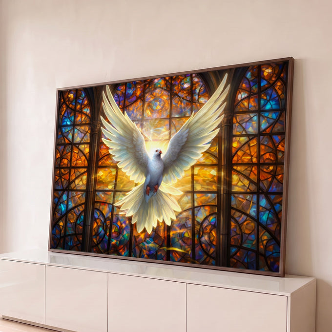 Quadro Decorativo Grande Pomba Branca para Sala Branco | quadros decorativos para sala | pomba branca de asas abertas diante de vitral colorido em tons dourados e azuis | Porao dos Quadros