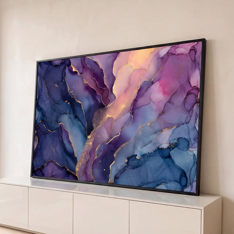 Pintura abstrata fluida em roxo, azul e rosa com veios dourados e efeito mármore, quadro decorativo